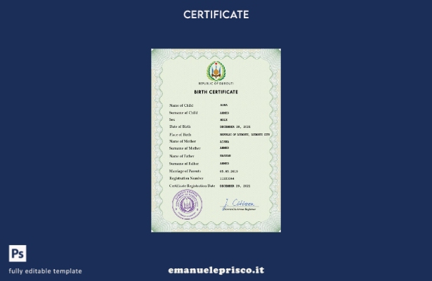 modello PSD del certificato di nascita dello stato civile di Gibuti in stile ver